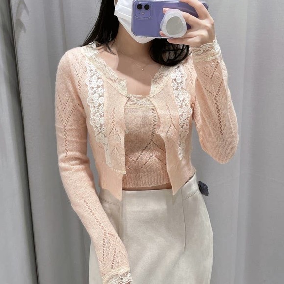Zara Set 2 Piece Lace Pointelle Knit Cardigan Pastel Pink Set 0014/126